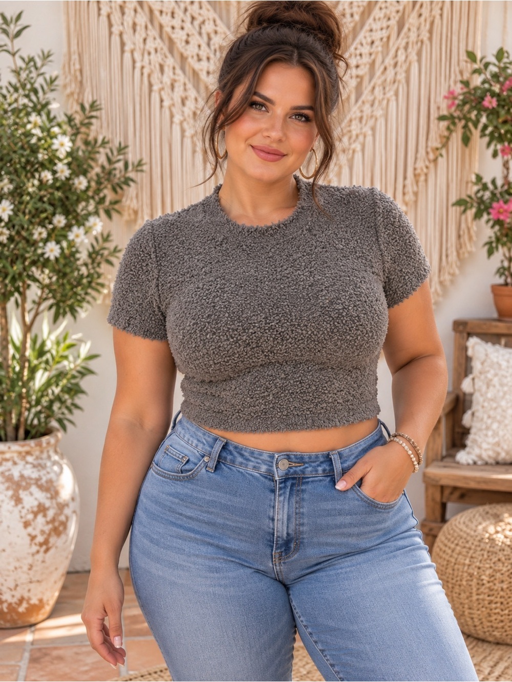 SKIMS Gray Plush Short-Sleeve Crop Top Size L/XL